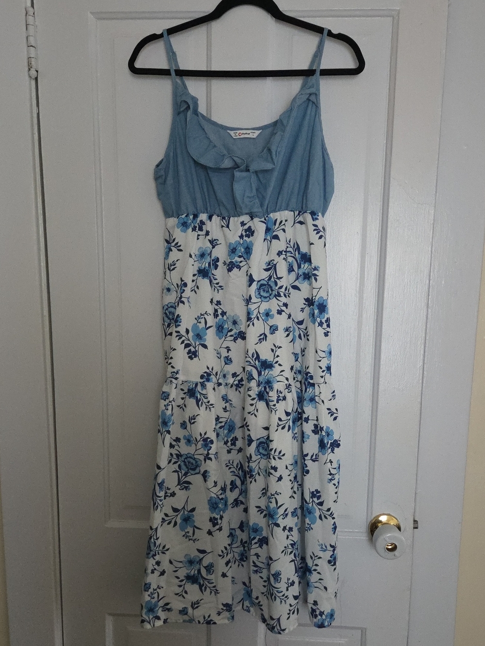 Light Blue & White Floral Sundress with Ruffle Neckline